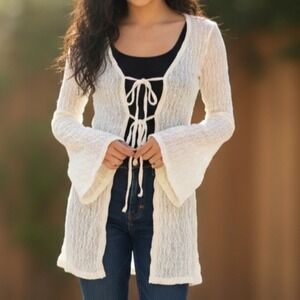 Fairycore Boho Lace Tie Front Cardigan Women Small Cream cottagecore Layering